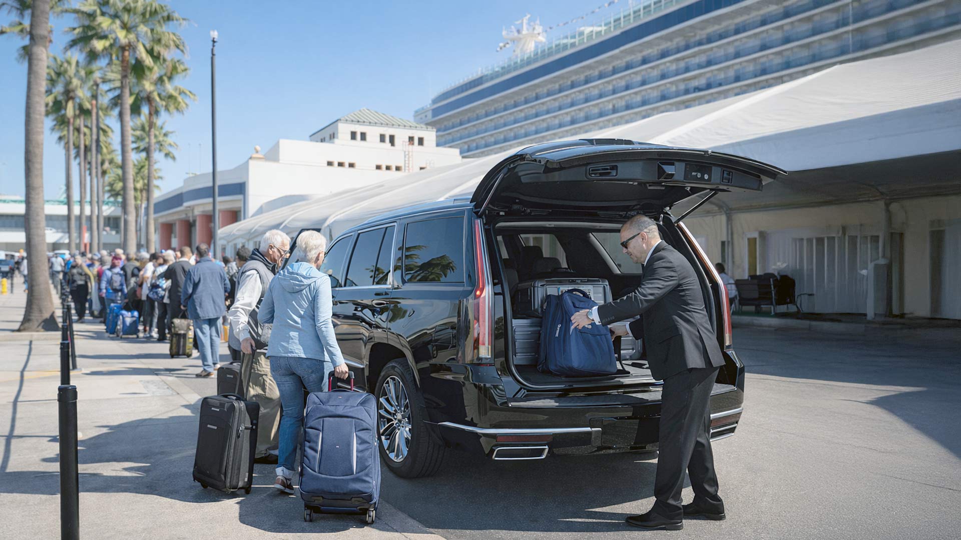 Black Cadillac Escalade providing private SUV transportation at the San Pedro Cruise Terminal