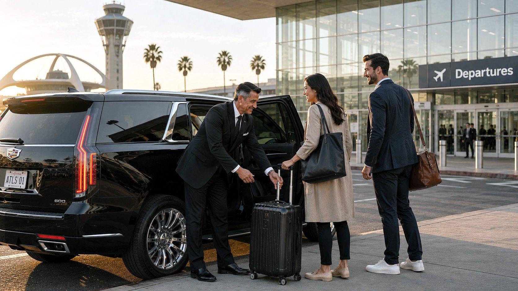 Luxury SUV arriving at Los Angeles International Airport (LAX) during morning traffic