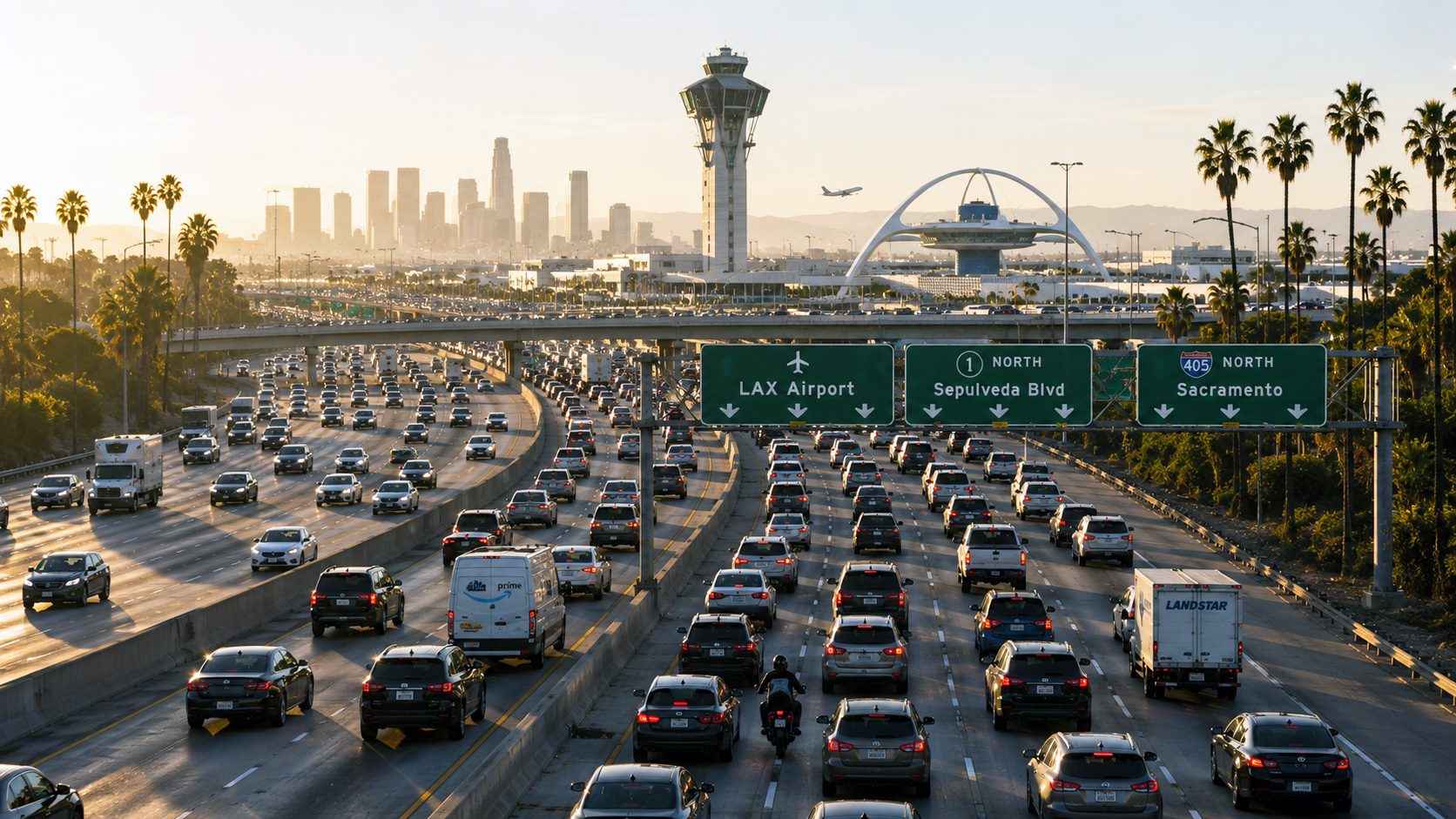 Southern California freeway traffic approaching Los Angeles International Airport during peak travel hours