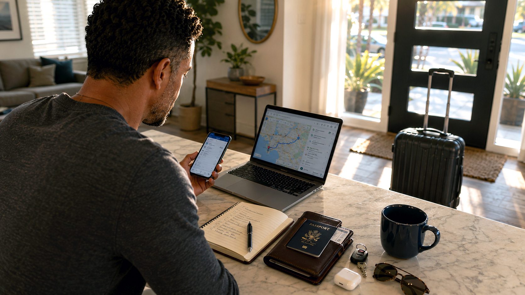 Traveler checking departure time and traffic conditions before leaving for LAX